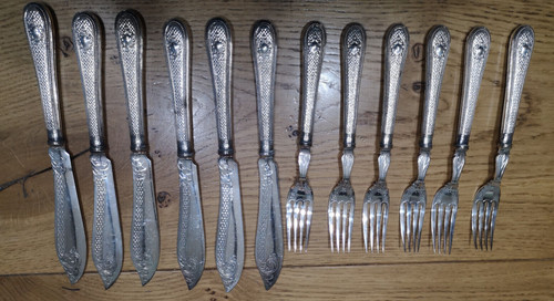 Antique set six fish knives - set,